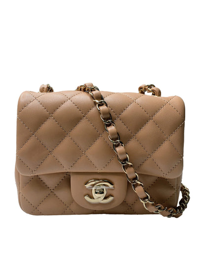 DARK BEIGE LAMBSKIN QUILTED CLASSIC MINI FLAP BAG
