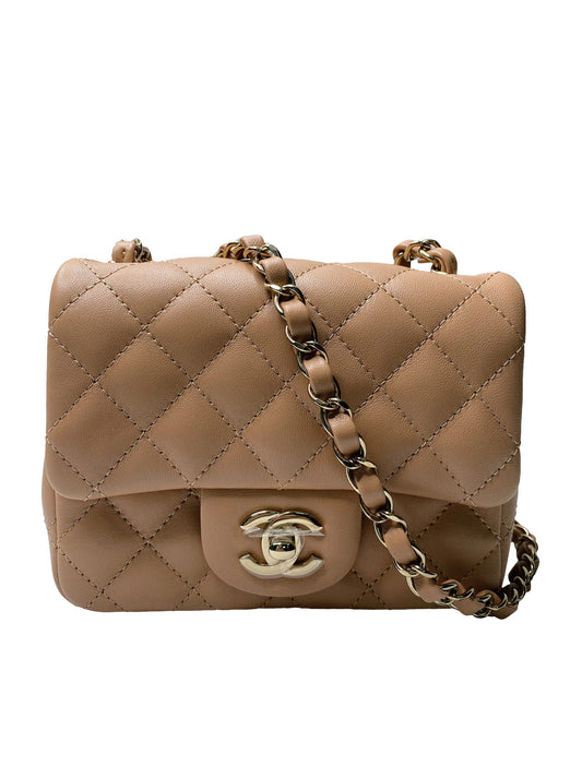 DARK BEIGE LAMBSKIN QUILTED CLASSIC MINI FLAP BAG