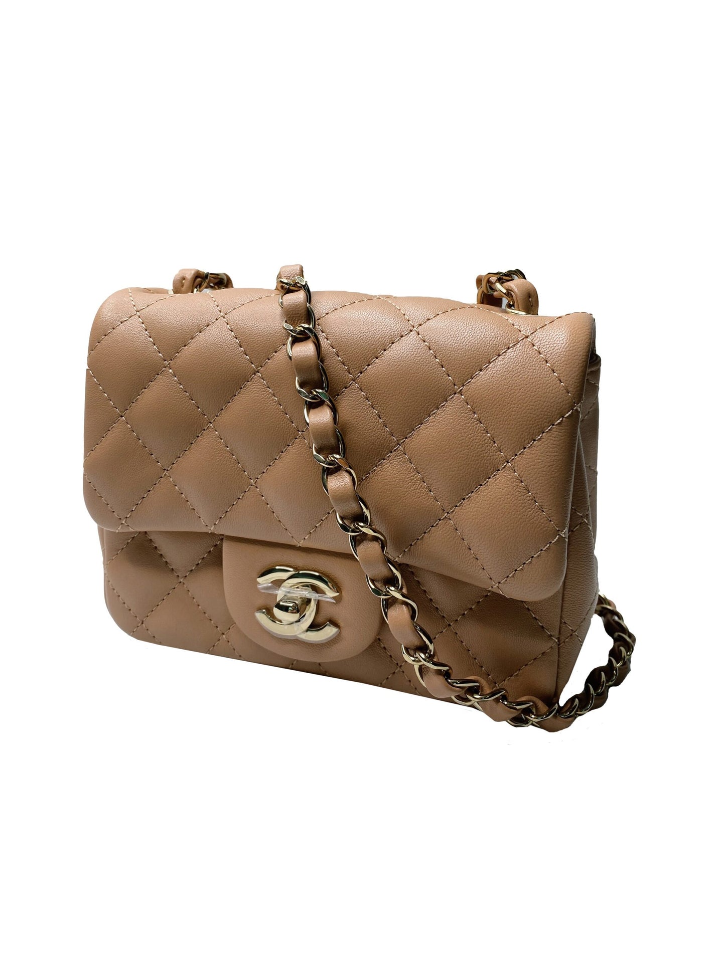 DARK BEIGE LAMBSKIN QUILTED CLASSIC MINI FLAP BAG