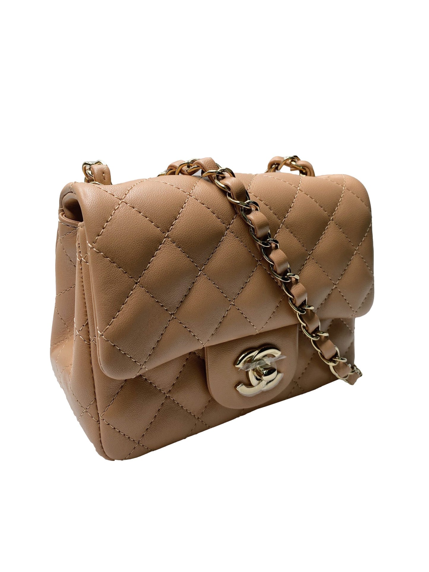 DARK BEIGE LAMBSKIN QUILTED CLASSIC MINI FLAP BAG