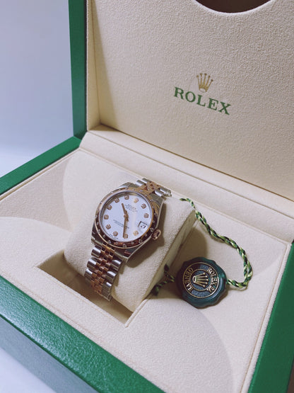 DATEJUST 31 WHITE DIAMOND DIAL DIAMOND BEZEL 18K ROSE GOLD TWO TONE JUBILEE LADIES WATCH