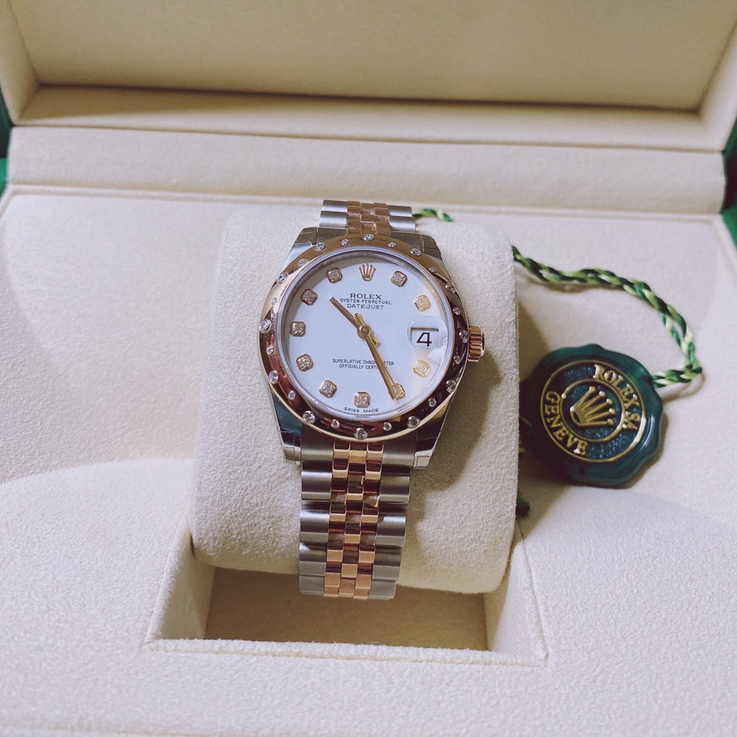 DATEJUST 31 WHITE DIAMOND DIAL DIAMOND BEZEL 18K ROSE GOLD TWO TONE JUBILEE LADIES WATCH