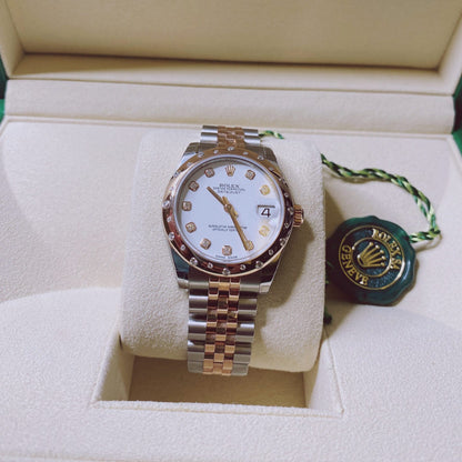 DATEJUST 31 WHITE DIAMOND DIAL DIAMOND BEZEL 18K ROSE GOLD TWO TONE JUBILEE LADIES WATCH