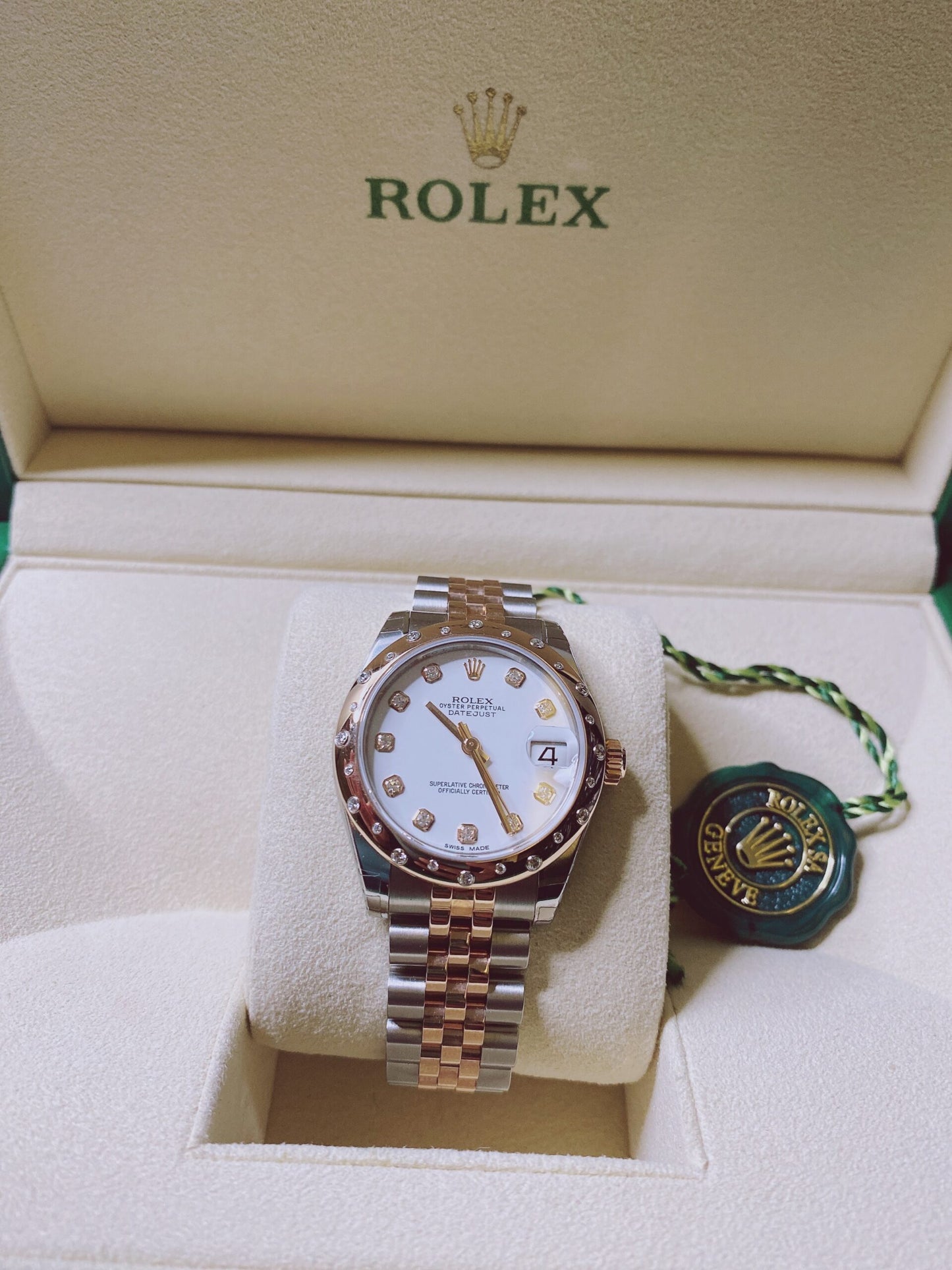 DATEJUST 31 WHITE DIAMOND DIAL DIAMOND BEZEL 18K ROSE GOLD TWO TONE JUBILEE LADIES WATCH