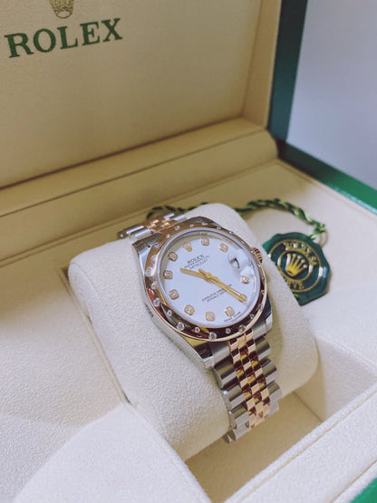 DATEJUST 31 WHITE DIAMOND DIAL DIAMOND BEZEL 18K ROSE GOLD TWO TONE JUBILEE LADIES WATCH