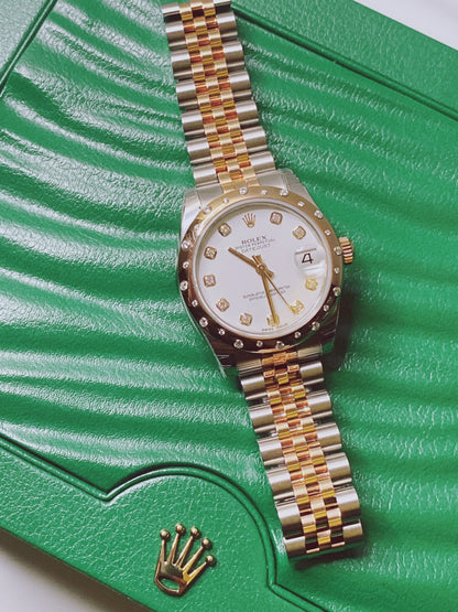 DATEJUST 31 WHITE DIAMOND DIAL DIAMOND BEZEL 18K ROSE GOLD TWO TONE JUBILEE LADIES WATCH