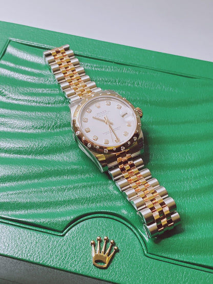 DATEJUST 31 WHITE DIAMOND DIAL DIAMOND BEZEL 18K ROSE GOLD TWO TONE JUBILEE LADIES WATCH
