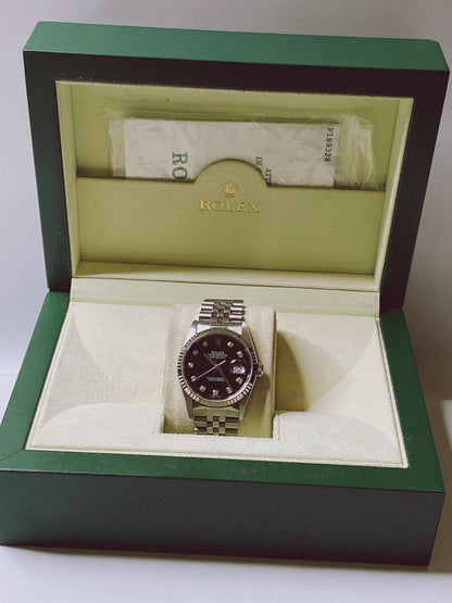 DATEJUST STEEL WHITE GOLD BLACK DIAMOND DIAL WATCH 36MM