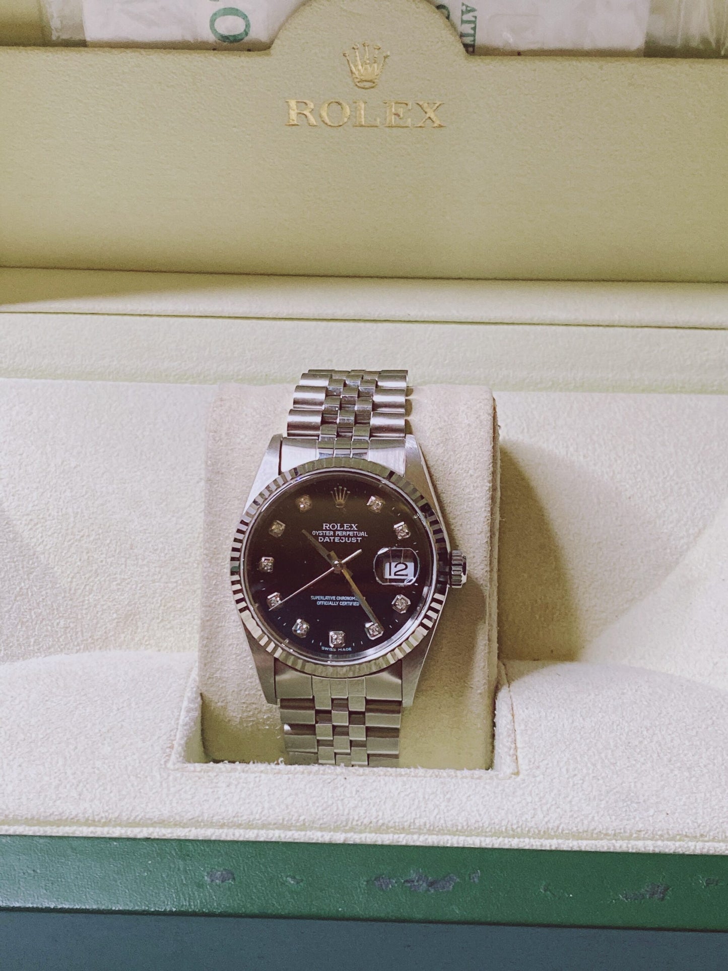 DATEJUST STEEL WHITE GOLD BLACK DIAMOND DIAL WATCH 36MM