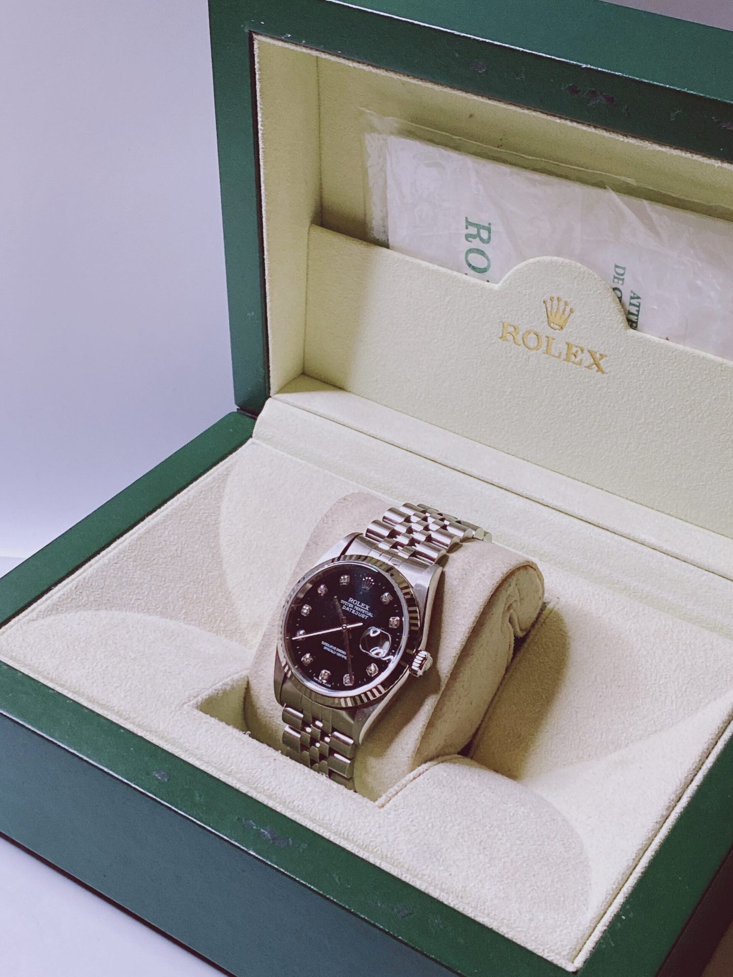 DATEJUST STEEL WHITE GOLD BLACK DIAMOND DIAL WATCH 36MM