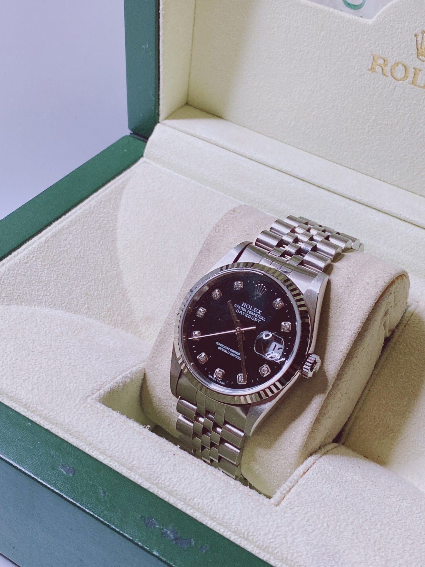 DATEJUST STEEL WHITE GOLD BLACK DIAMOND DIAL WATCH 36MM