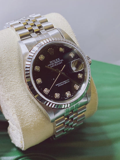 DATEJUST STEEL WHITE GOLD BLACK DIAMOND DIAL WATCH 36MM