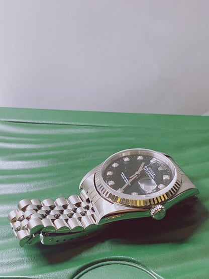 DATEJUST STEEL WHITE GOLD BLACK DIAMOND DIAL WATCH 36MM
