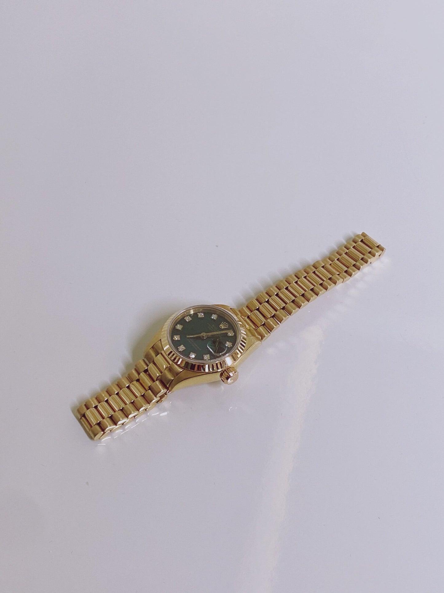 DATEJUST GREEN DIAMOND DIAL 18K YELLOW GOLD FLUTED BEZEL 26MM PRESIDENT WATCH