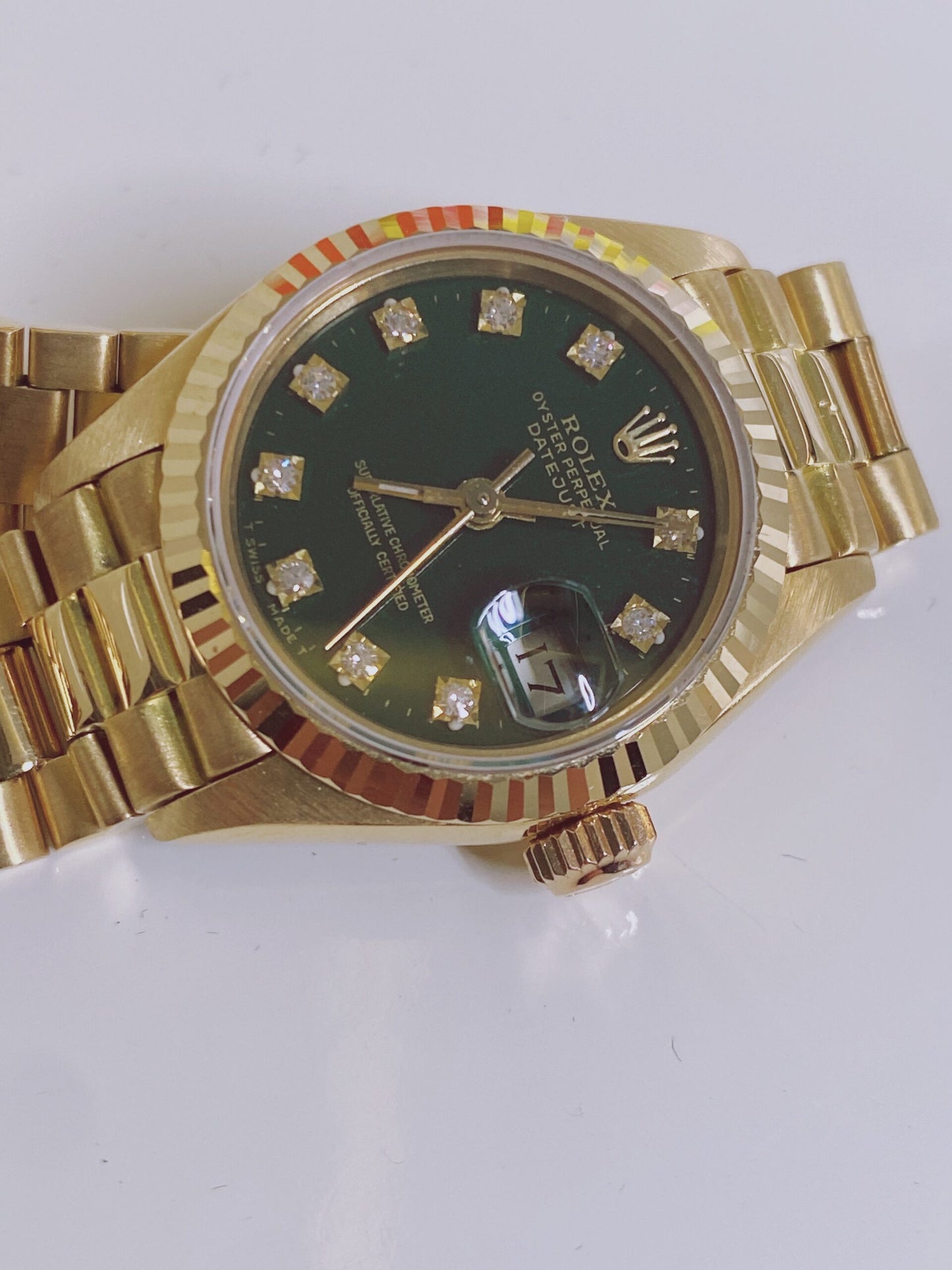 DATEJUST GREEN DIAMOND DIAL 18K YELLOW GOLD FLUTED BEZEL 26MM PRESIDENT WATCH