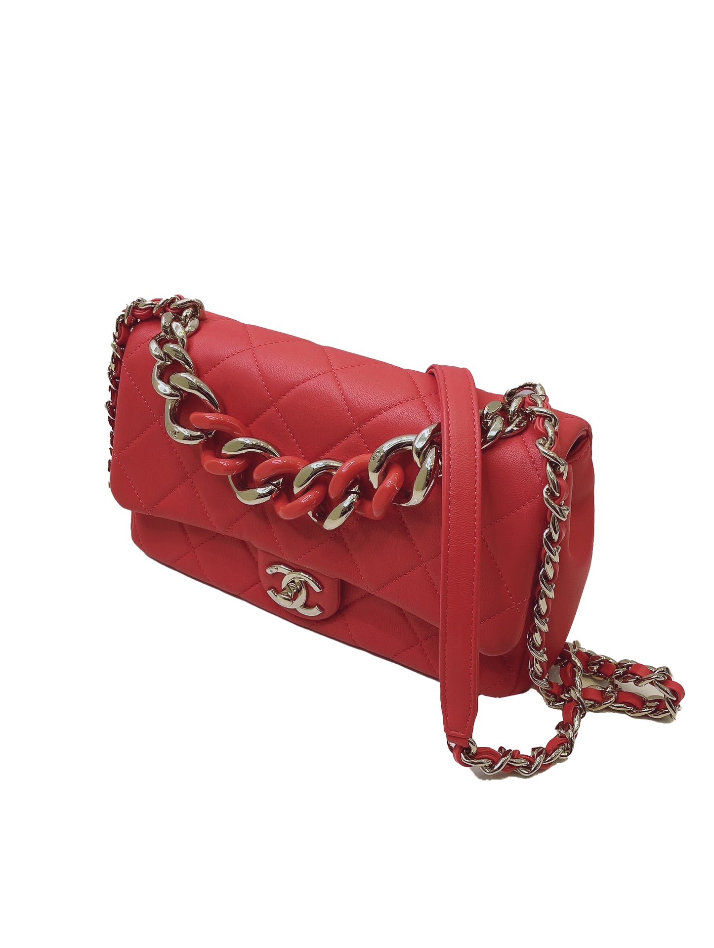 RED SMALL LAMBSKIN ELEGANT CHAIN SINGLE FLAP BAG