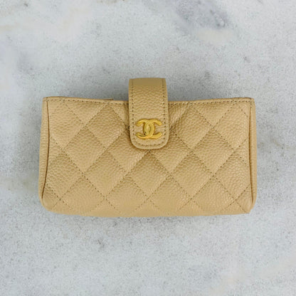 BEIGE QUILTED CAVIAR LEATHER CC O-MINI PHONE HOLDER CLUTCH