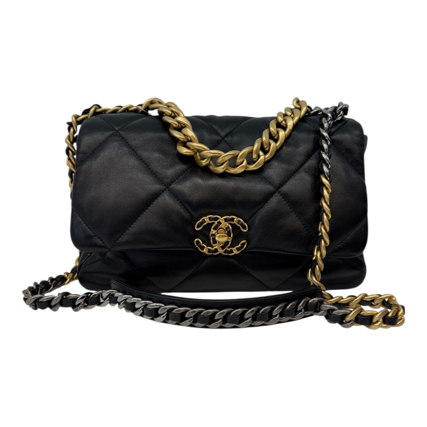 BLACK SHINY LAMBSKIN QUILTED CHANEL 19 LARGE FLAP  BAG
