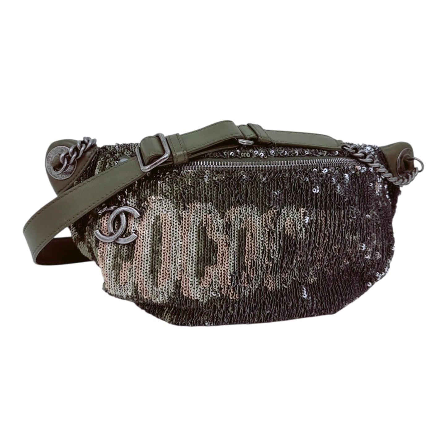 KHAKI GREEN LEATHER AND SEQUINS COCO CUBA WAIST BAG