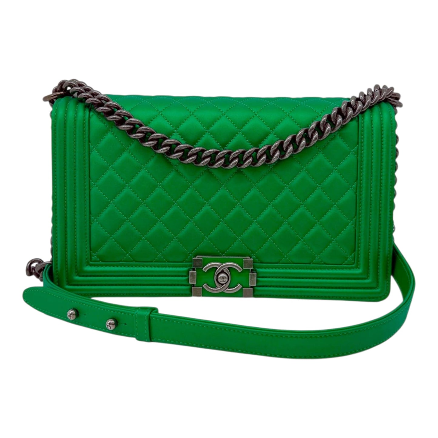 METALLIC GREEN QUILTED CALFSKIN LEATHER NEW MEDIUM BOY BAG