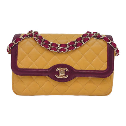 YELLOW AND BURGUNDY TWO TONE QUILTED LAMBSKIN DAY FLAP SHOULDER BAG