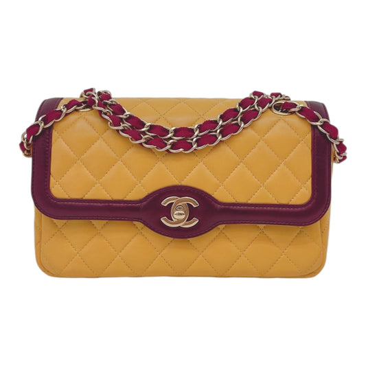 YELLOW AND BURGUNDY TWO TONE QUILTED LAMBSKIN DAY FLAP SHOULDER BAG