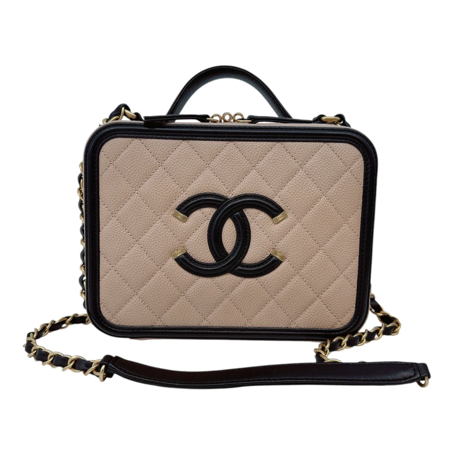 BEIGE BLACK CAVIAR QUILTED LEATHER MEDIUM CC FILIGREE VANITY CASE