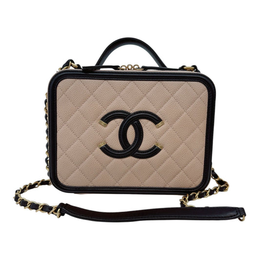 BEIGE BLACK CAVIAR QUILTED LEATHER MEDIUM CC FILIGREE VANITY CASE