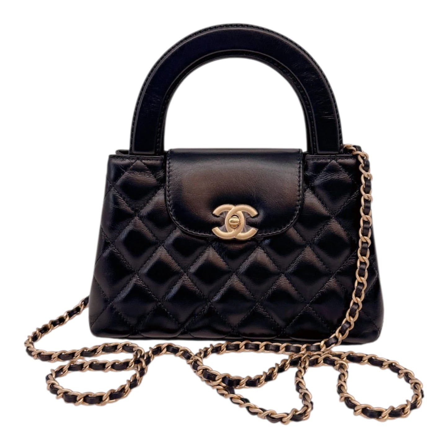 BLACK SHINY AGED CALFSKIN LEATHER KELLY MINI SHOPPING BAG