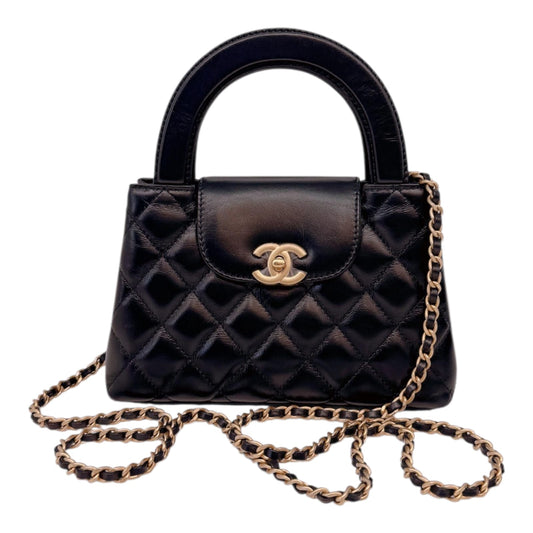 BLACK SHINY AGED CALFSKIN LEATHER KELLY MINI SHOPPING BAG