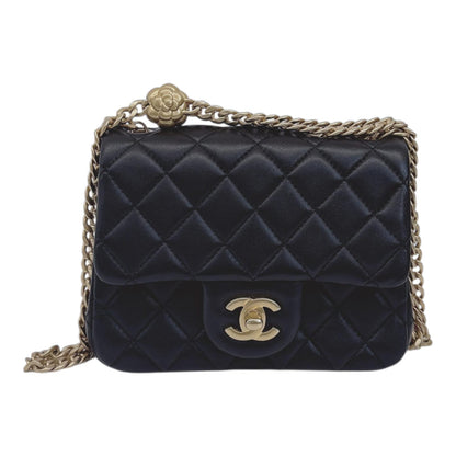 BLACK LAMBSKIN LEATHER SWEET CAMELLIA ADJUSTABLE CHAIN SQUARE MINI FLAP BAG