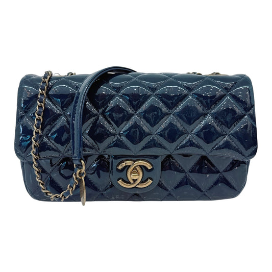 CHANEL BLUE PATENT GOATSKIN QUILTED SMALL CC EYELET FLAP BAG