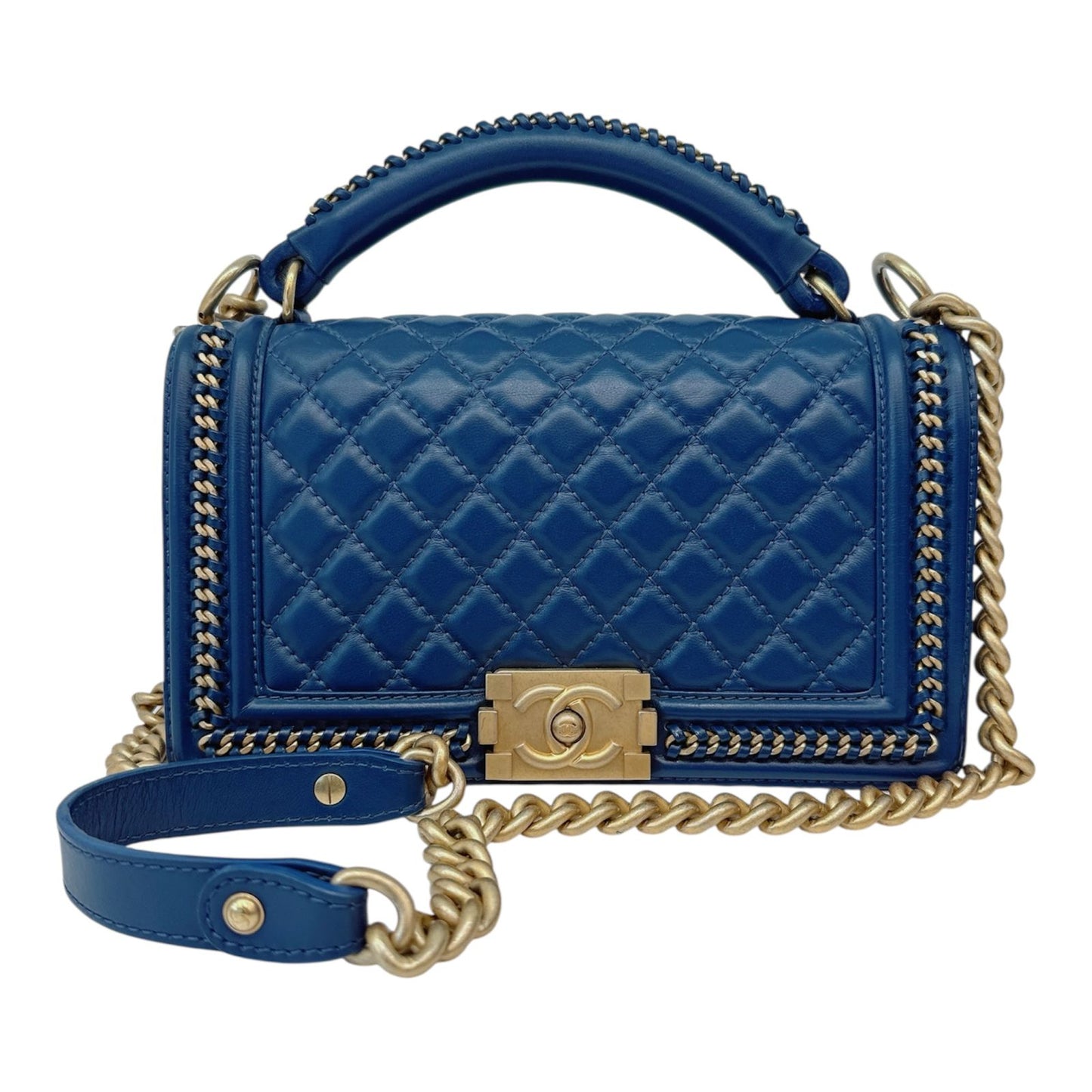 BLUE CALFSKIN LEATHER MEDIUM BOY WITH TOP HANDLE GOLDTONE HARDWARE