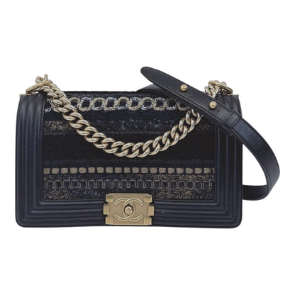 BLACK LEATHER BRAIDED TWEED MEDIUM BOY HANDBAG