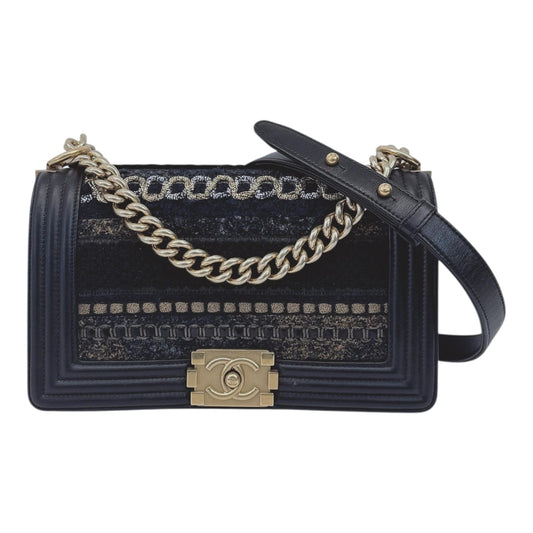 BLACK LEATHER BRAIDED TWEED MEDIUM BOY HANDBAG