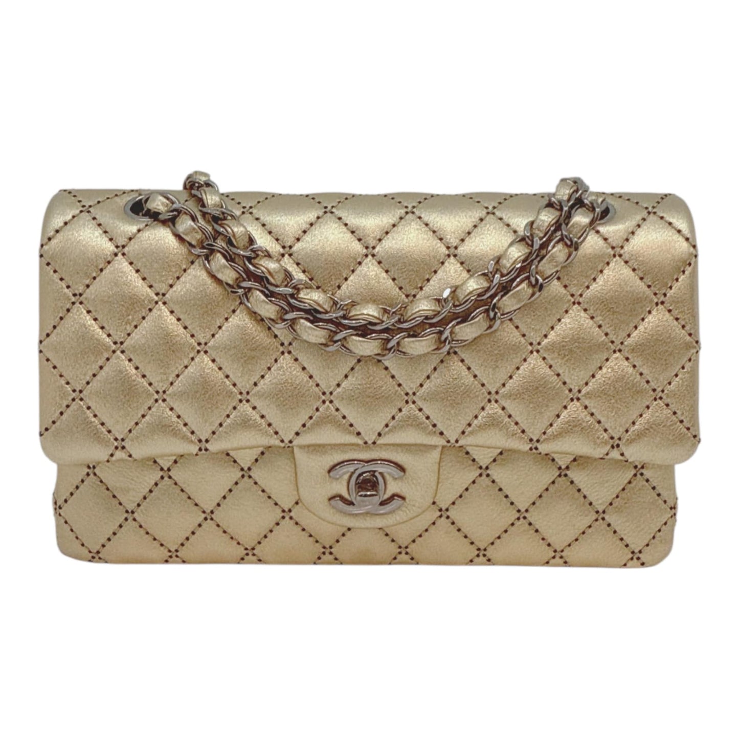 GOLD METALLIC CALFSKIN WILD STITCH SURPIQUE MEDIUM CLASSIC DOUBLE FLAP HANDBAG