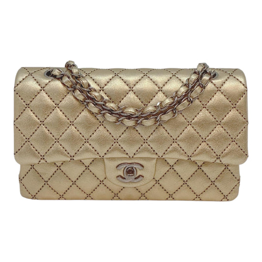 GOLD METALLIC CALFSKIN WILD STITCH SURPIQUE MEDIUM CLASSIC DOUBLE FLAP HANDBAG