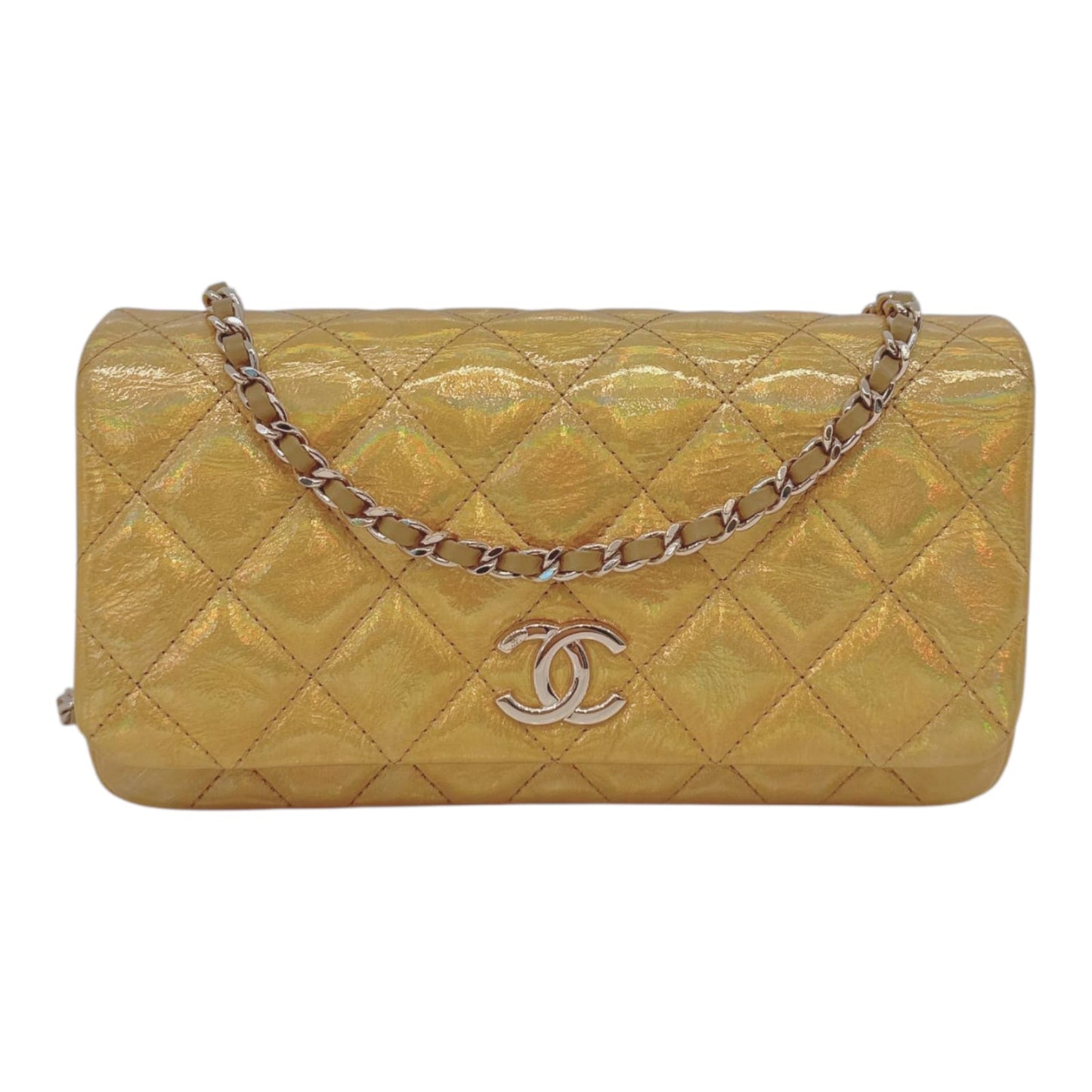 GOLD IRIDESCENT MIRROR GOATSKIN CLUTCH WITH CHAIN SHW