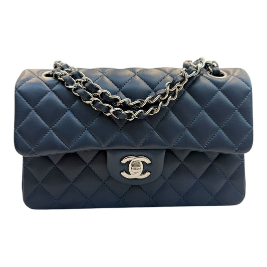 DARK BLUE QUILTED LAMBSKIN LEATHER SMALL CLASSIC DOUBLE FLAP BAG