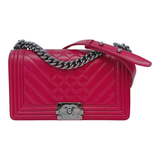 DARK PINK CHEVRON CALFSKIN LEATHER MEDIUM BOY FLAP BAG RUTHENIUM HARDWARE