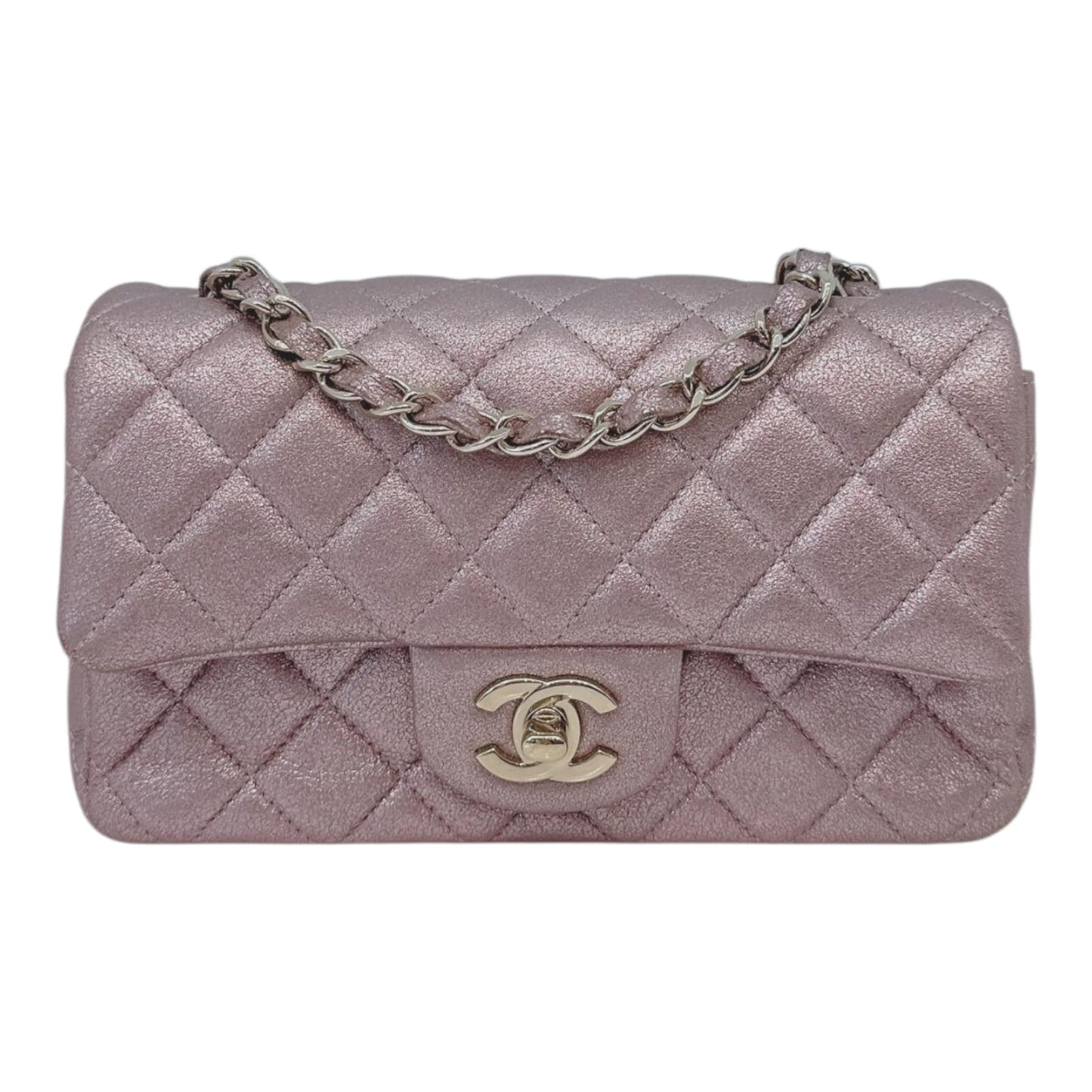 PINK METALLIC GOATSKIN QUILTED MINI RECTANGULAR CLASSIC FLAP BAG