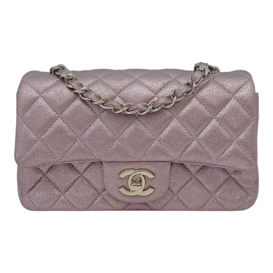 PINK METALLIC GOATSKIN QUILTED MINI RECTANGULAR CLASSIC FLAP BAG