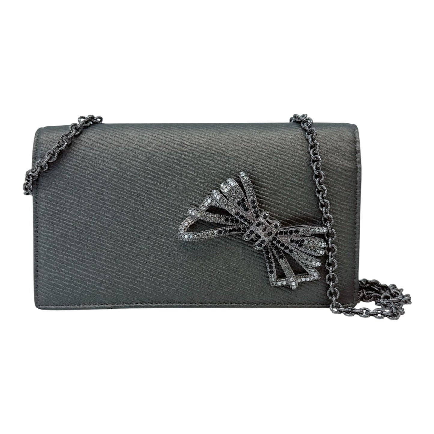 METALLIC DARK GRAY CC CRYSTAL BOW CHAIN EVENING BAG