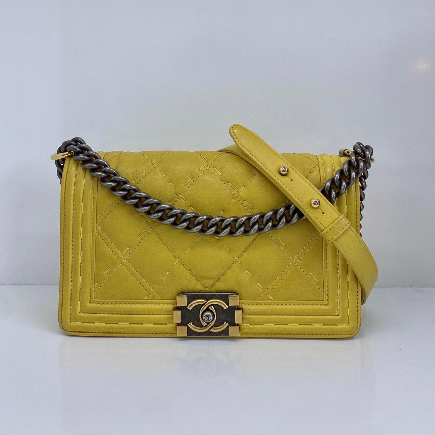 YELLOW GRAINED CALFSKIN LEATHER MEDIUM BOY BAG