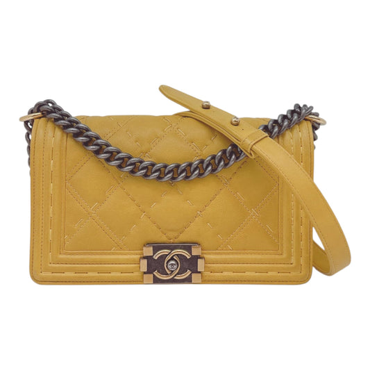 YELLOW GRAINED CALFSKIN LEATHER MEDIUM BOY BAG
