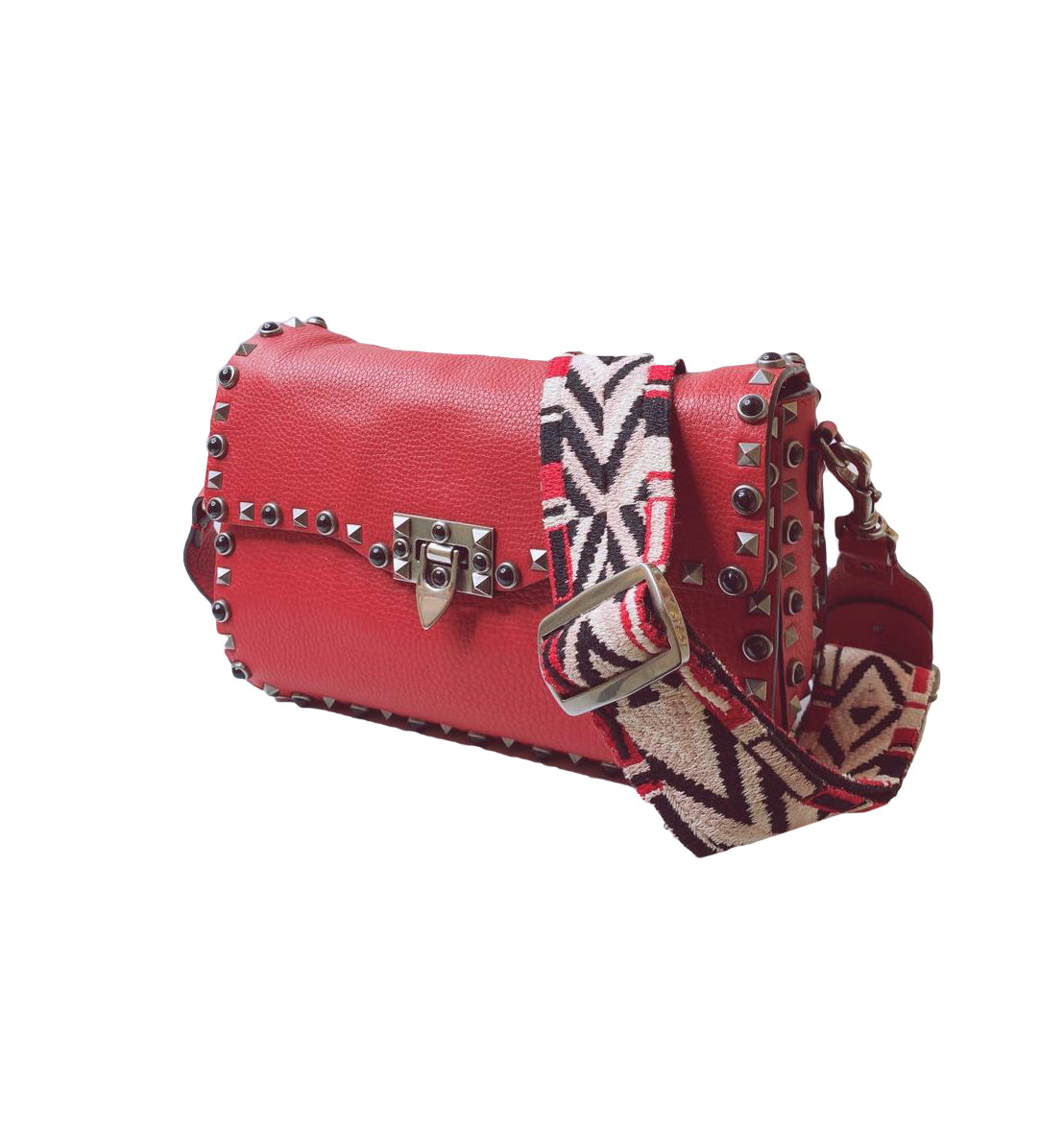 RED LEATHER GUITAR ROLLING ROCKSTUD SHOULDER BAG