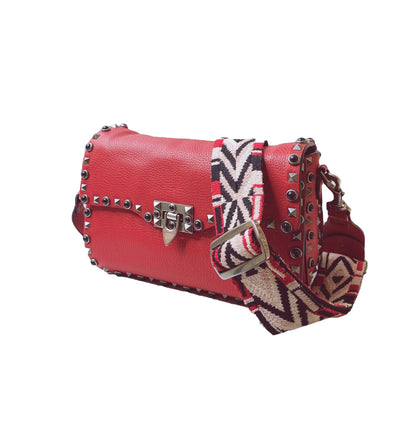 RED LEATHER GUITAR ROLLING ROCKSTUD SHOULDER BAG