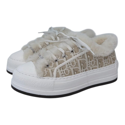 BEIGE COTTON EMBROIDERED WITH MOTIF AND ECRU LAMBSKIN SHEARLING WALK'N'DIOR PLATFORM SNEAKERS 37.5