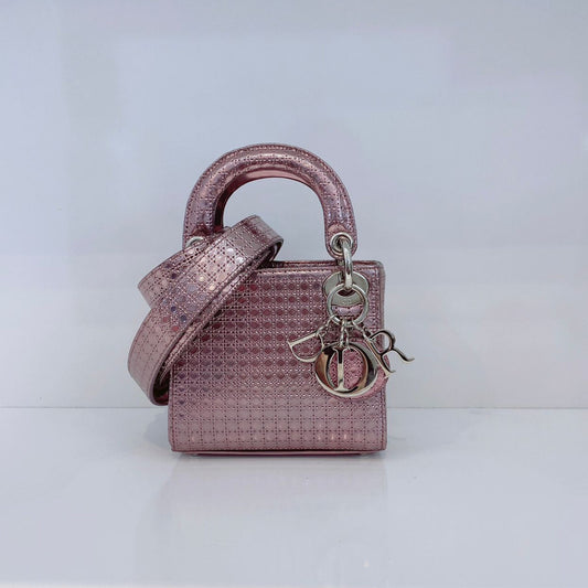 METALLIC PINK LEATHER MICRO LADY DIOR TOTE BAG