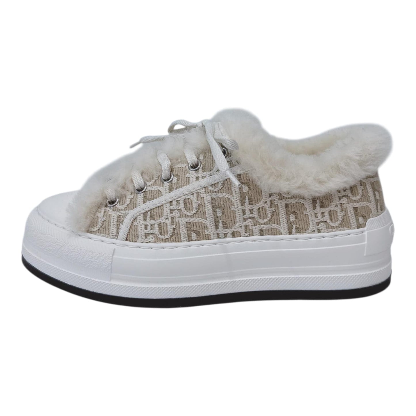 BEIGE COTTON EMBROIDERED WITH MOTIF AND ECRU LAMBSKIN SHEARLING WALK'N'DIOR PLATFORM SNEAKERS 37.5